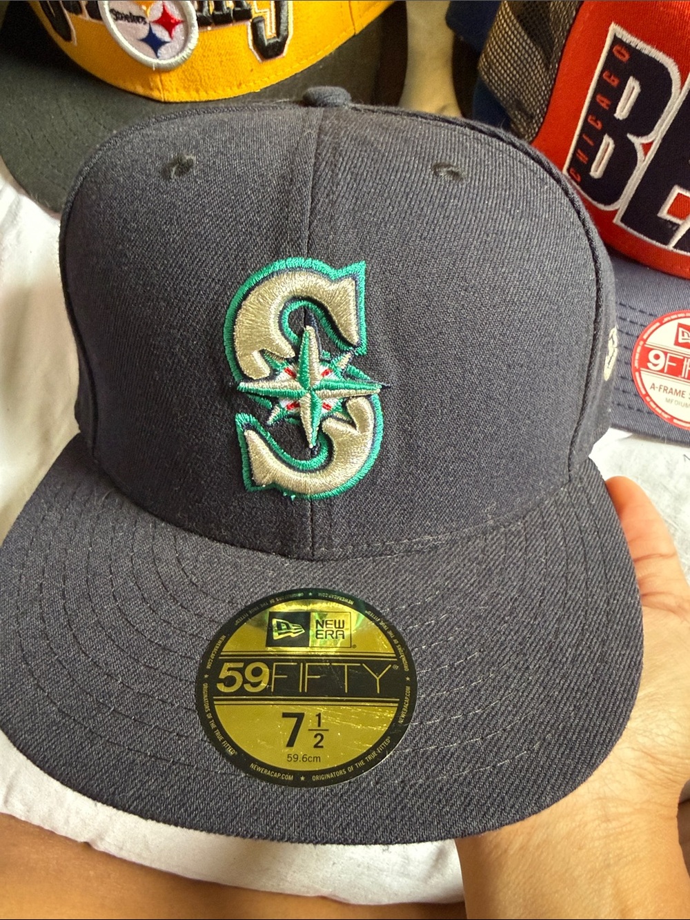 New Era Fitted Seattle Mariners Navy Hat with Teal & Silver Logo